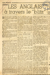 Article de Jean Mercure pendant le Blitz